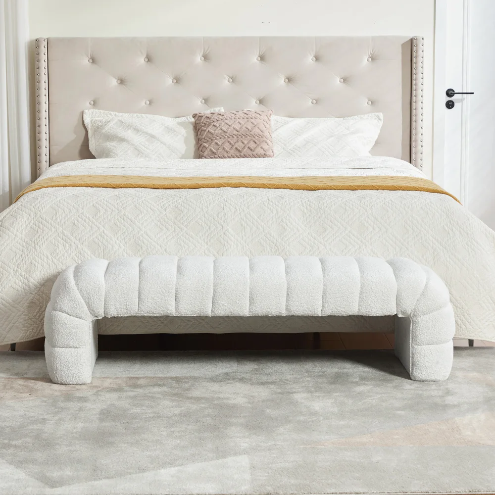 Moderne Armlose Chenille-Polsterbank, Chaiselongue & Hocker für Wohnzimmer, Schlafzimmer, Eingangsbereich, Elfenbein