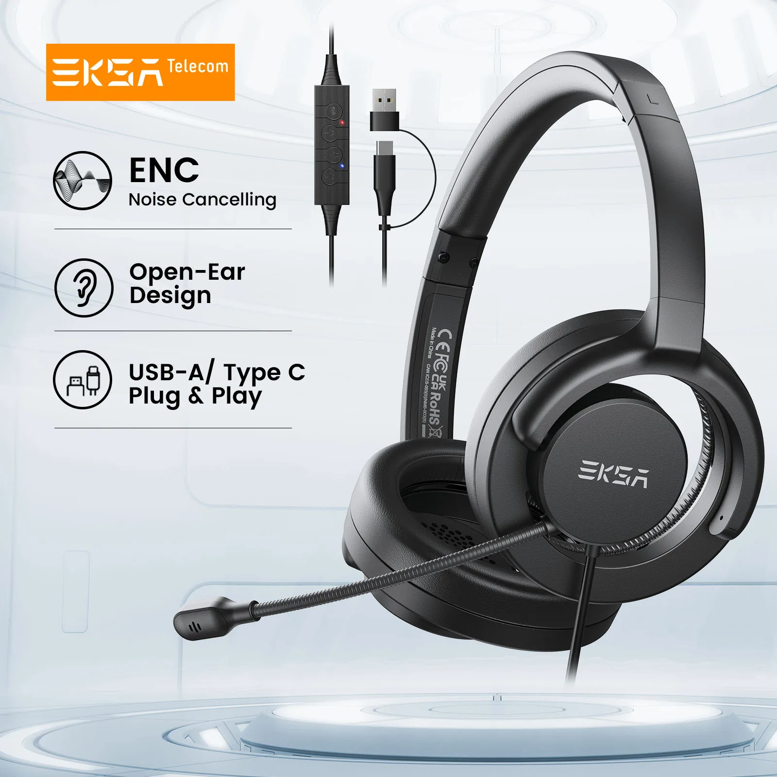 EKSA H27 Open Ear Office Headset USB-A/Typ C Kabelgebundene Kopfhörer mit ENC Call Noise Cancelling Mikrofon für PC/Telefon