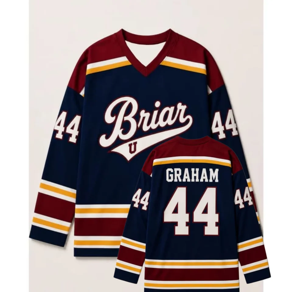 Briar U Graham 44 Eishockey-Trikot Retro Marineblau Rot Gelb V-Ausschnitt Langarm Sport-Trainings-Fan-Trikot für Männer Frauen Jugendliche Image