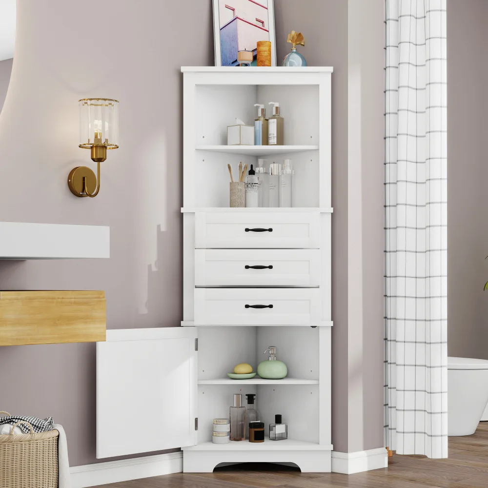 57,7×46×167,5 cm Eckschrank für das Badezimmer, zwei offene Ablagefächer, drei Schubladen, ein Schrank, verstellbare Einlegeböden, schwarze Griffe, weiß.