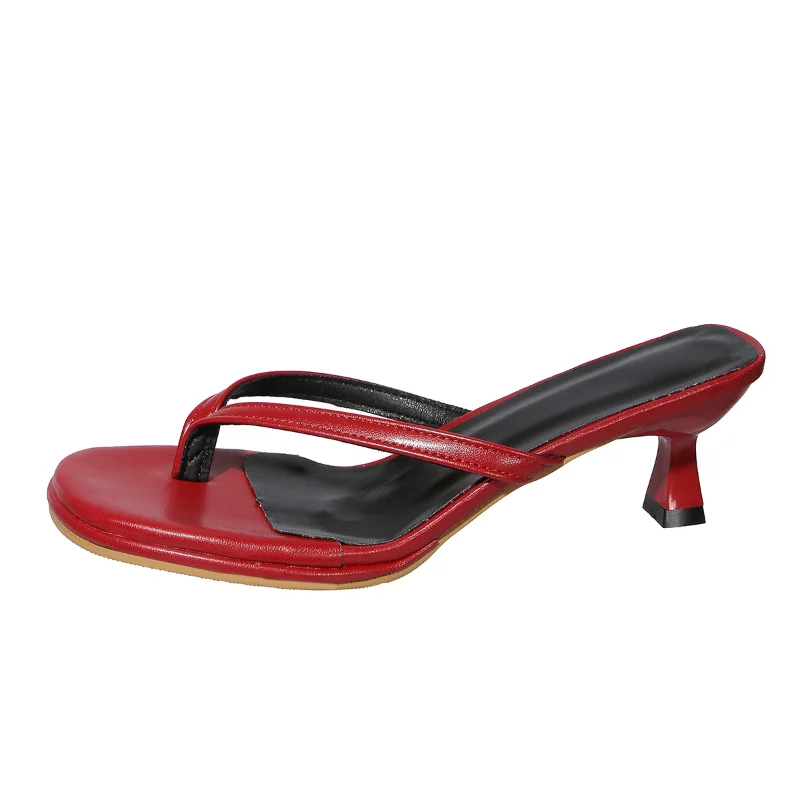 2026 Sommer Mode Damen Eckige Zehenpartie Weinrote Kitten-Heel Flip-Flops Freizeitschuhe für Alltag Strand Urlaub Große Größen 35-42