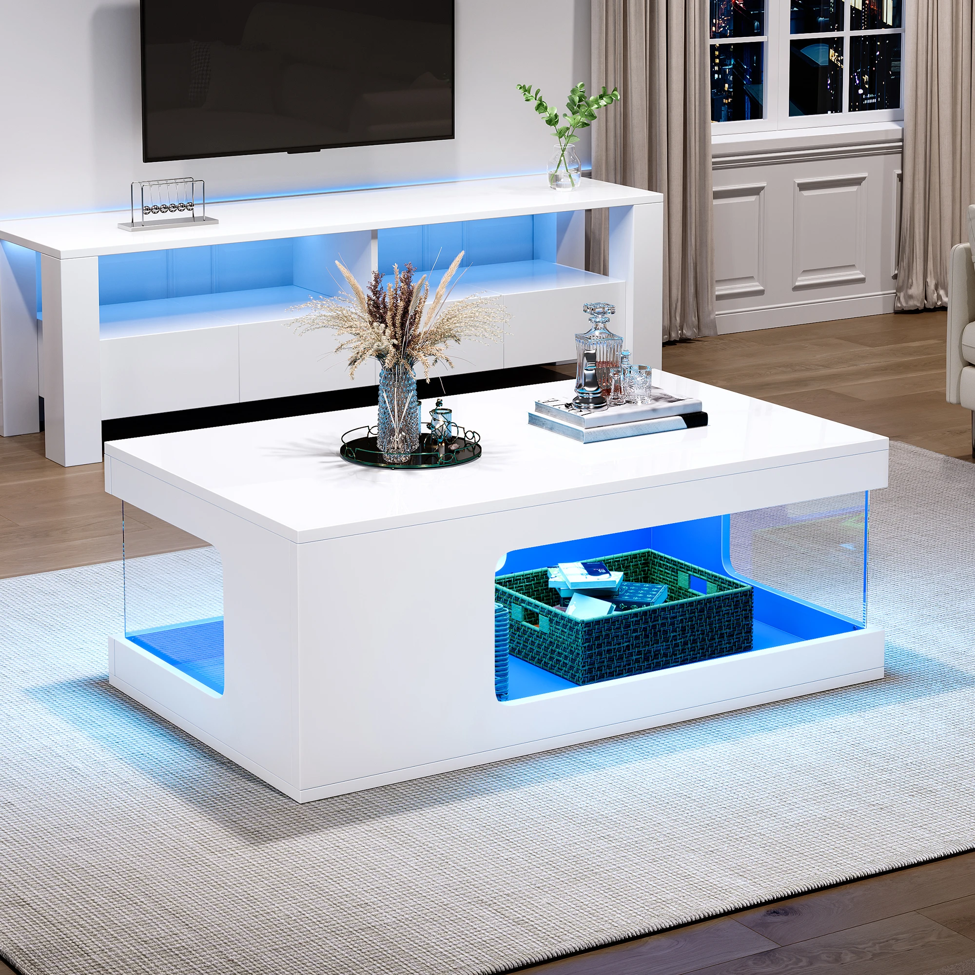 LED Couchtisch 50x100x35 cm für Wohnzimmer Lounge Büro, Hochglanz Sofatisch mit Glasablagen Weiß/Schwarz Image