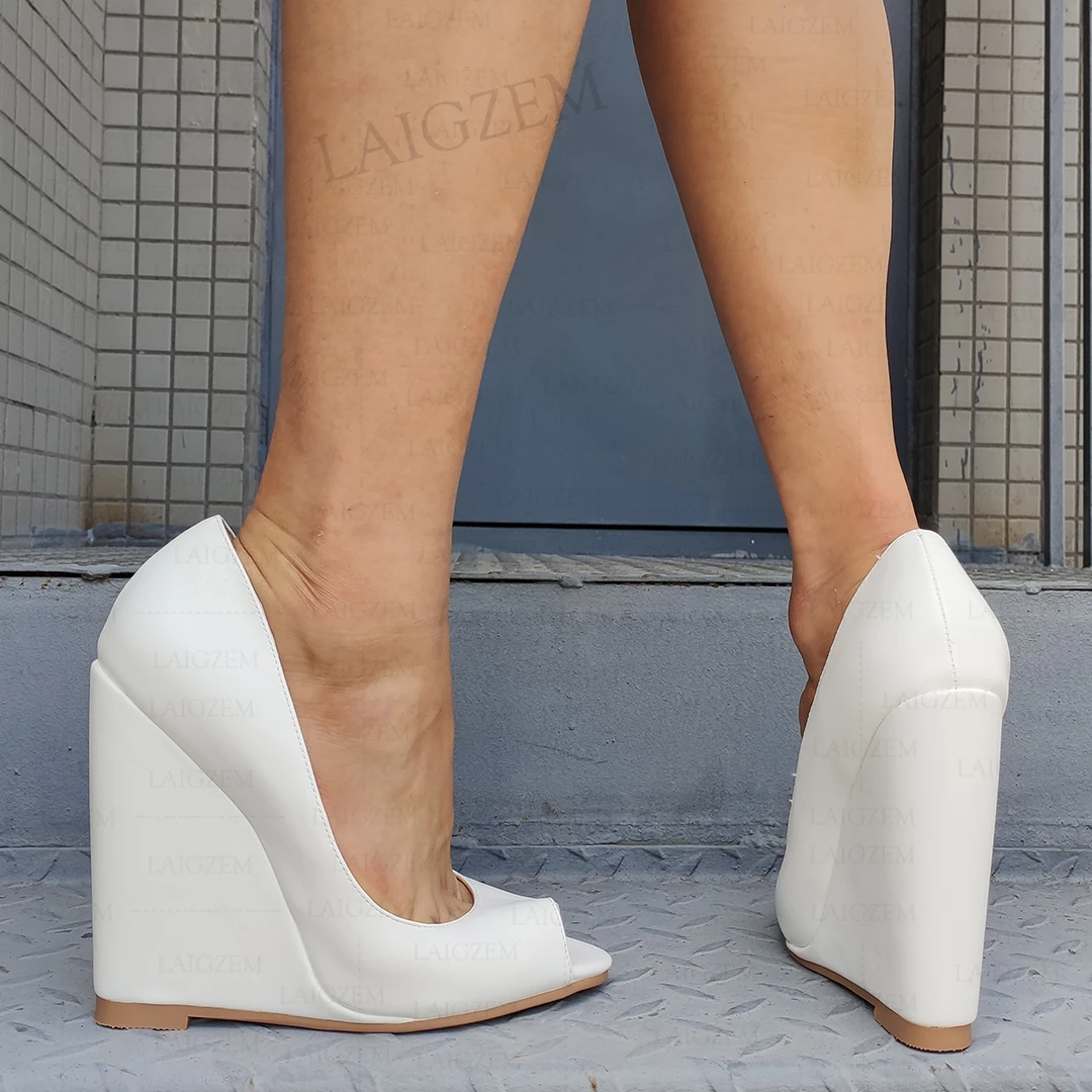 LAIGZEM Damen-Pumps mit Absatz, Peep-Toe, Keilabsatz, High Heels, Kleid, Party, Hochzeit, Schuhe, Damen, Kunstleder, große Größe 41, 44, 46, 47, 52
