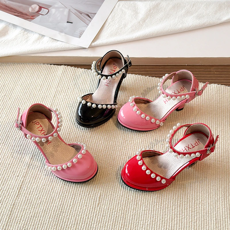 Mumoresip Mädchen-High-Heels 2026 Neue Prinzessinnen-Perlen-Lederschuhe für Kinder Hochzeit Party Laufsteg Kinder Casual Festliche Schuhe