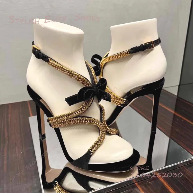 Gold Schlange Muster Band Eingewickelt Bogen Sandalen Frauen Laufsteg Kreuz Design Schnalle Heels Offene Knöchel Quaste Casual Einfache Weben Schuh
