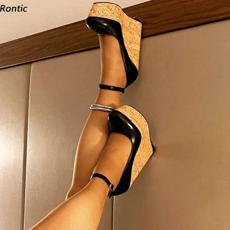 Rontic handgefertigte Damen-Plateau-Pumps, Knöchelriemen, Keilabsatz, runde Zehen, elegante schwarze Freizeitschuhe, US-Größe 5–20