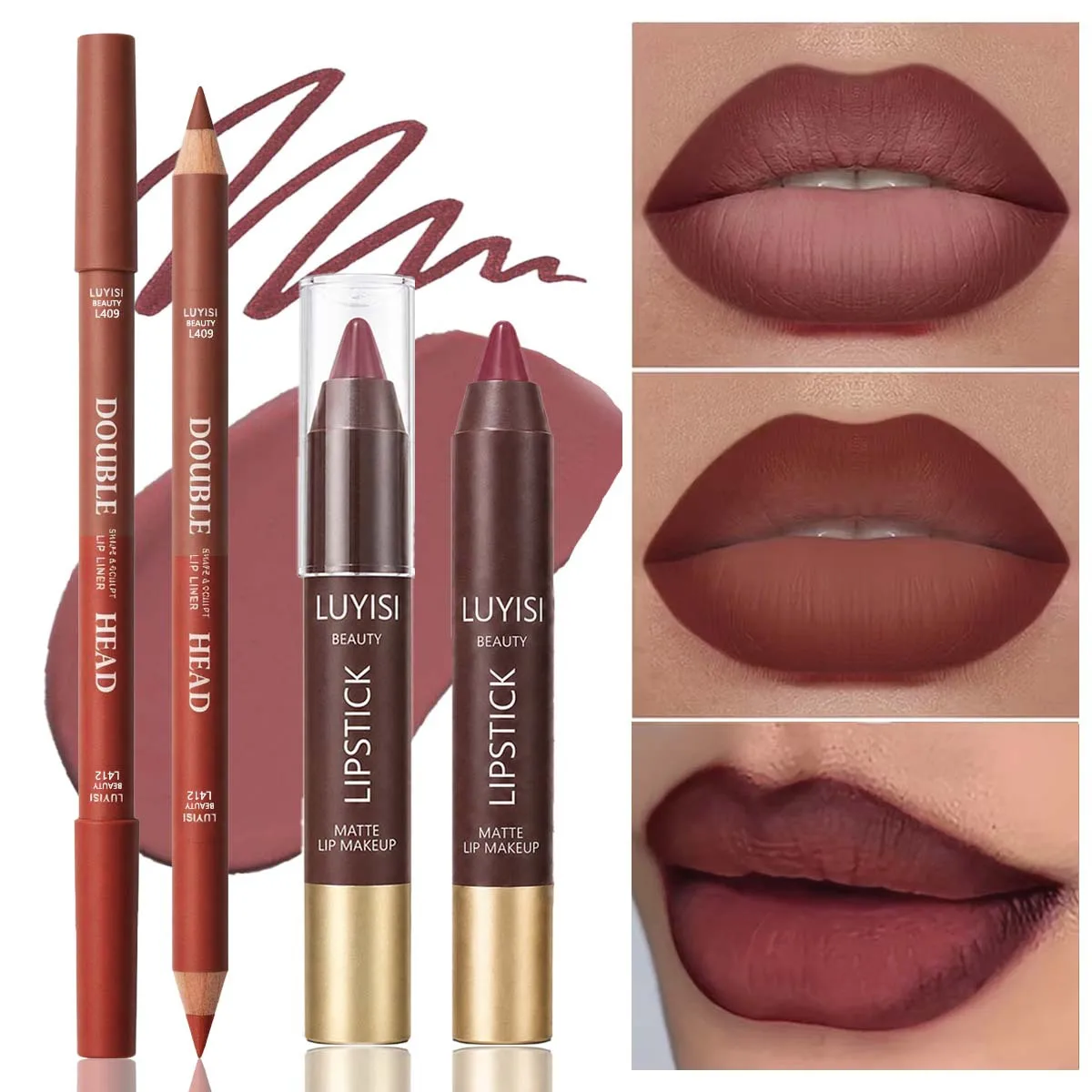2-teiliges Lippen-Make-up-Set: 1 Stück doppelseitiger Lipliner + 1 Stück Lippenstift, matte, sanfte Anwendung und definiertes Lippen-Look, für den Alltag oder für Partys Image