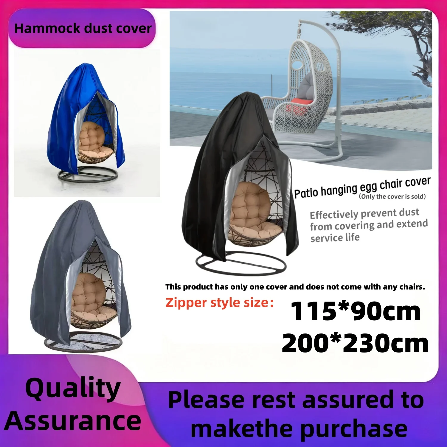 Outdoor Egg Chair Cover - Black - Drawstring & Zipper Design - Fits Outdoor, Garden, Patio Rattan Egg-Shaped Swing Chairs