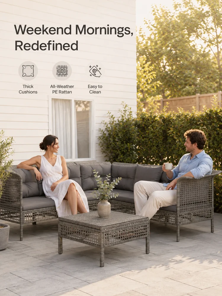 5-teiliges Garten-Lounge-Set mit Kissen, graues Polyrattan, Gartenmöbel, moderne Terrassen-Sitzgruppe, wetterbeständiges PE-Rattan-Sofa-Set für Garten, Balkon, Hinterhof