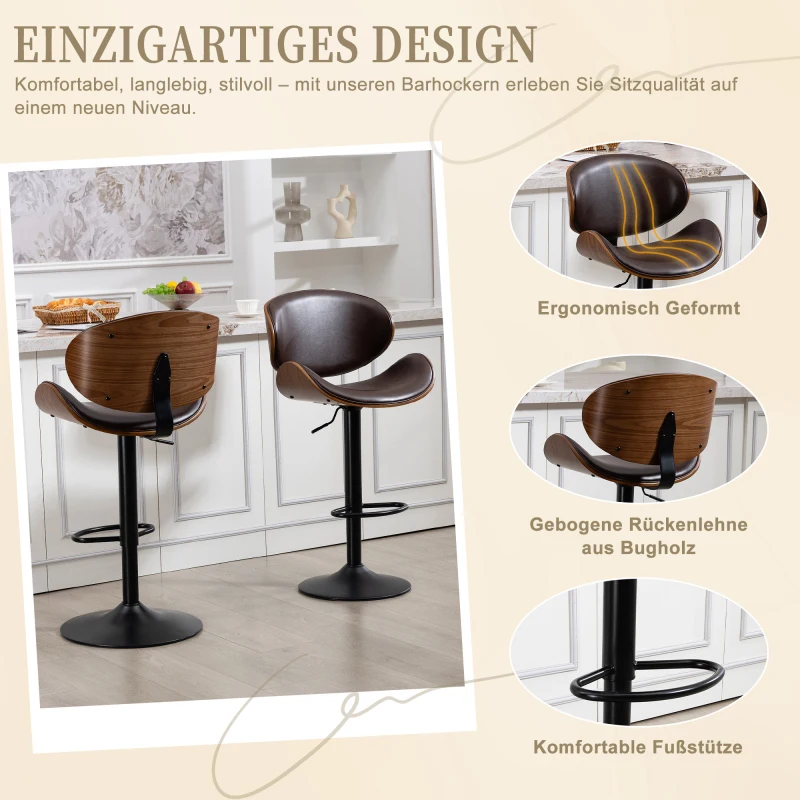 Drehbare Barhocker, 2er-Set, höhenverstellbare Barhocker aus gebogenem Holz, Barstuhl mit PU-Lederbezug, ergonomischer Rückenlehne und Fußstütze, für Bar, Kücheninsel zu Hause (braunes PU-Leder) Image