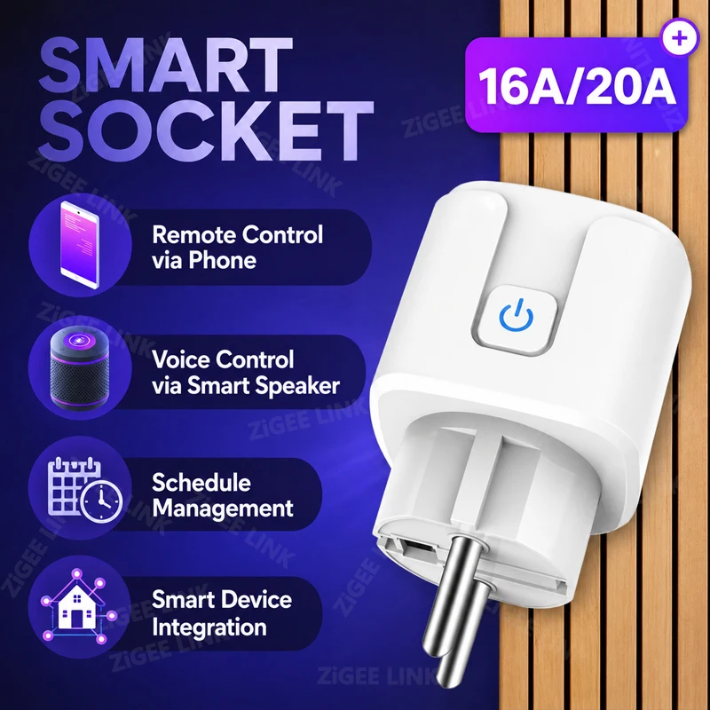 Smarte Steckdose EU-Stecker WIFI oder Zigbee 16A/20A Mit Stromüberwachung Zeitschaltuhr Sprachsteuerung Kompatibel mit Tuya Alexa Google Home Alice Image