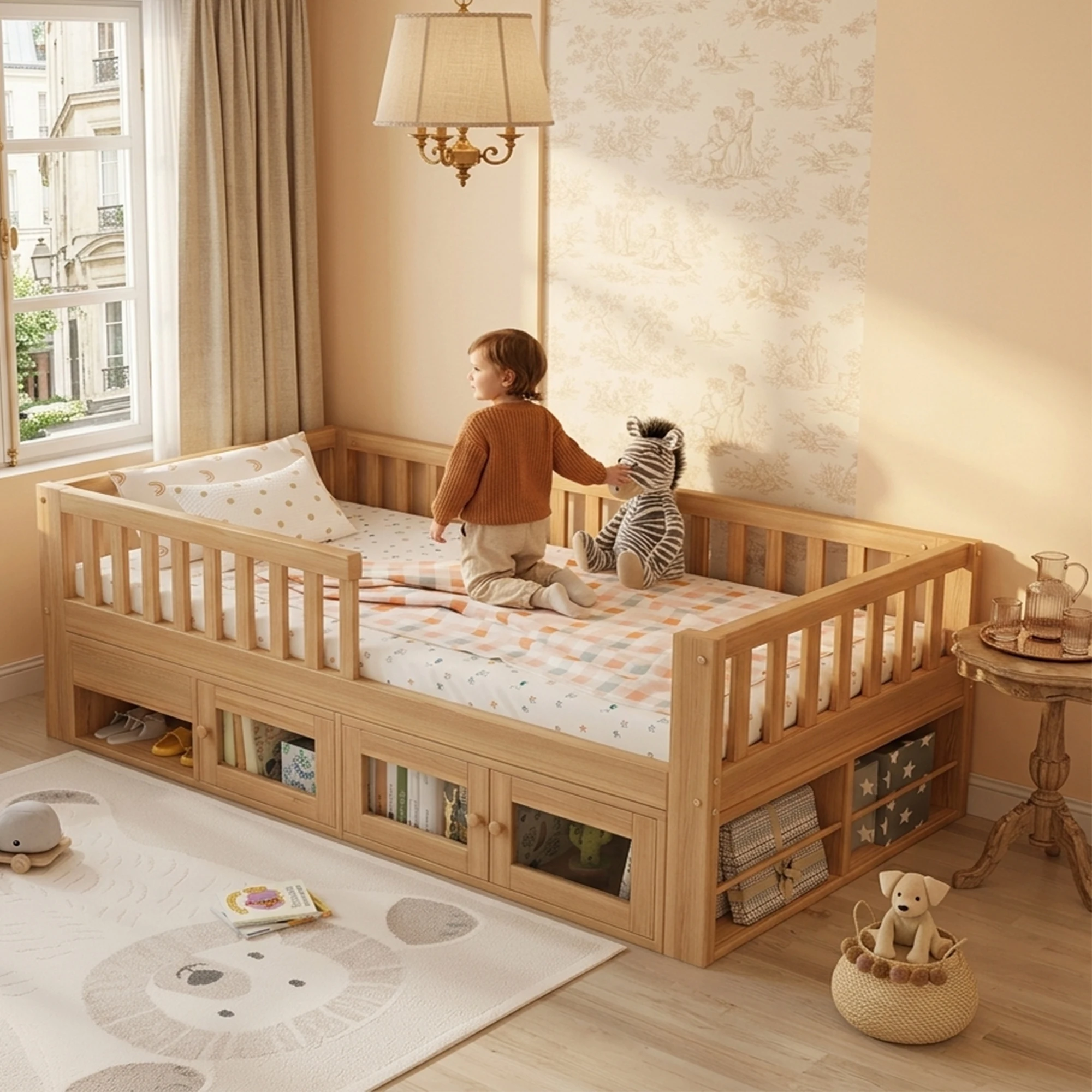Natürliches Massivholz-Bett mit Stauraum für Kinder 90x200cm – Rundum Sicherheitsgeländer, Schublade & 2-türiger Schrank inklusive – Robuster Lattenrost, platzsparendes Design für Kinderzimmer,