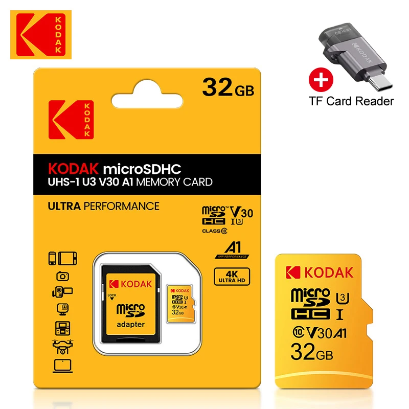 Kodak Gelbe High-Speed TF-Speicherkarte 32GB 64GB 128GB mit Adapter, High-Speed TF-Speicherkarte für Tablet-PC und Typ-C-Adapter. Image