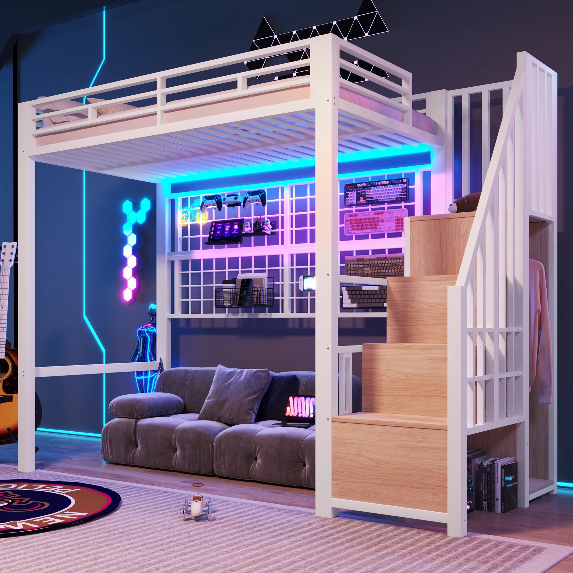 Weißes 90x200cm Eisen-Hochbett mit Kleiderschrank, Aufbewahrungsleiter & Hängegitter – Freier Raum unter dem Bett & 7-Farben-LED-Beleuchtung – Ohne Matratze – Platzsparend für Kinder oder Jugendliche