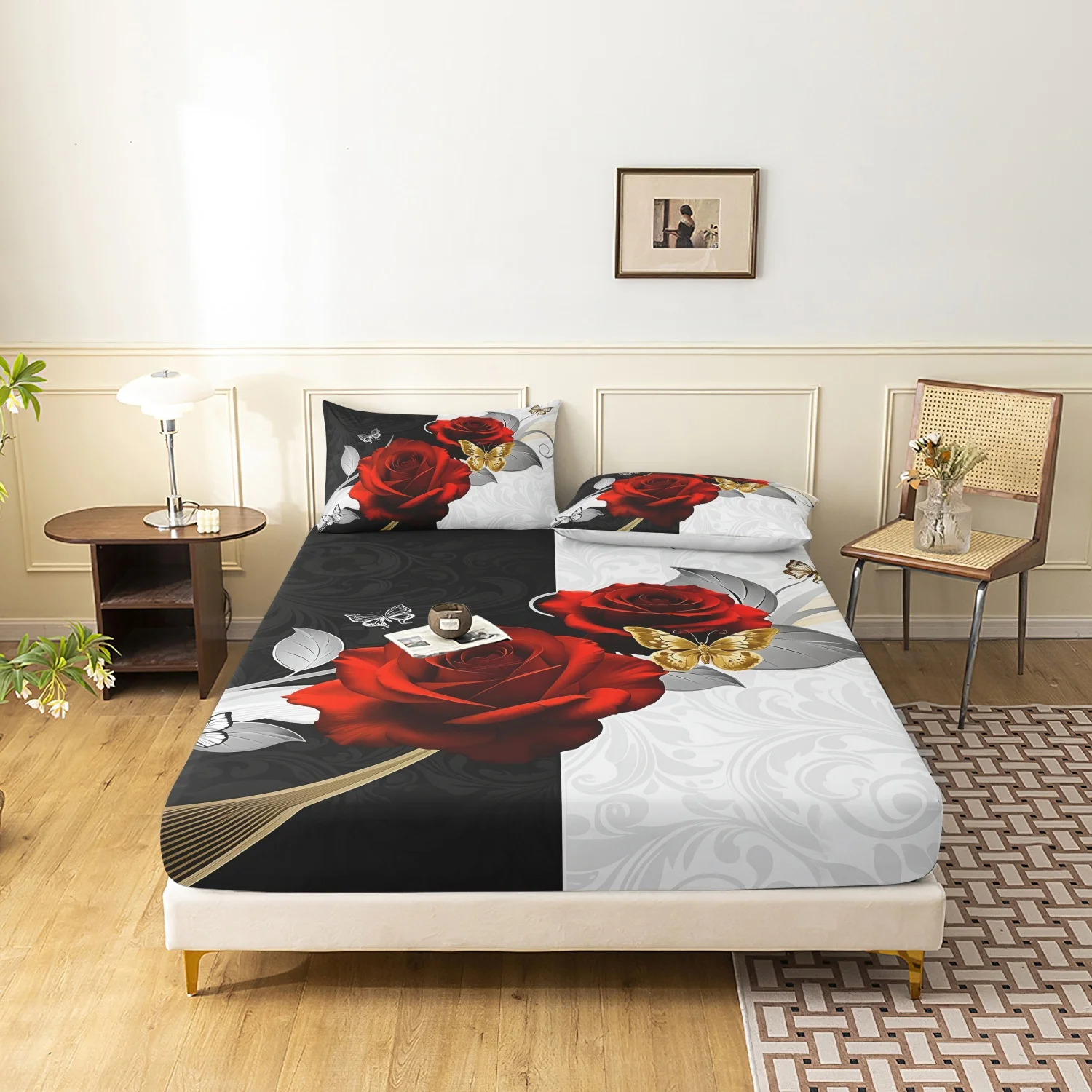 3-teiliges Spannbettlaken-Set mit schwarzen, weißen und roten Rosen, romantische florale Bettwäsche mit goldenem Schmetterling, für Familienwohnheime, Hotelbettwäsche Image