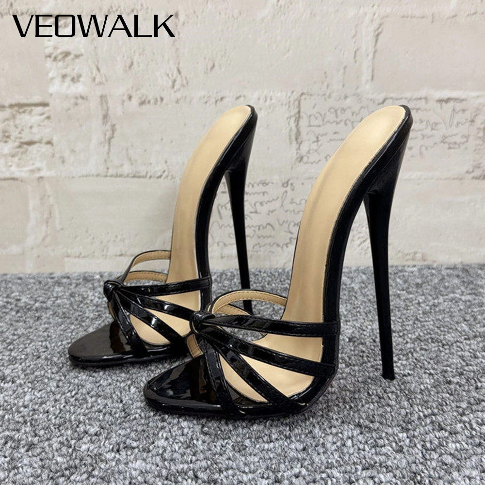 14/16CM Super Hohe Stiletto-Absatz Mules Schwarze Geknotete Open-Toe Sandalen Sexy Pantoletten Pole Dance Nachtclub Party Schuhe für Damen