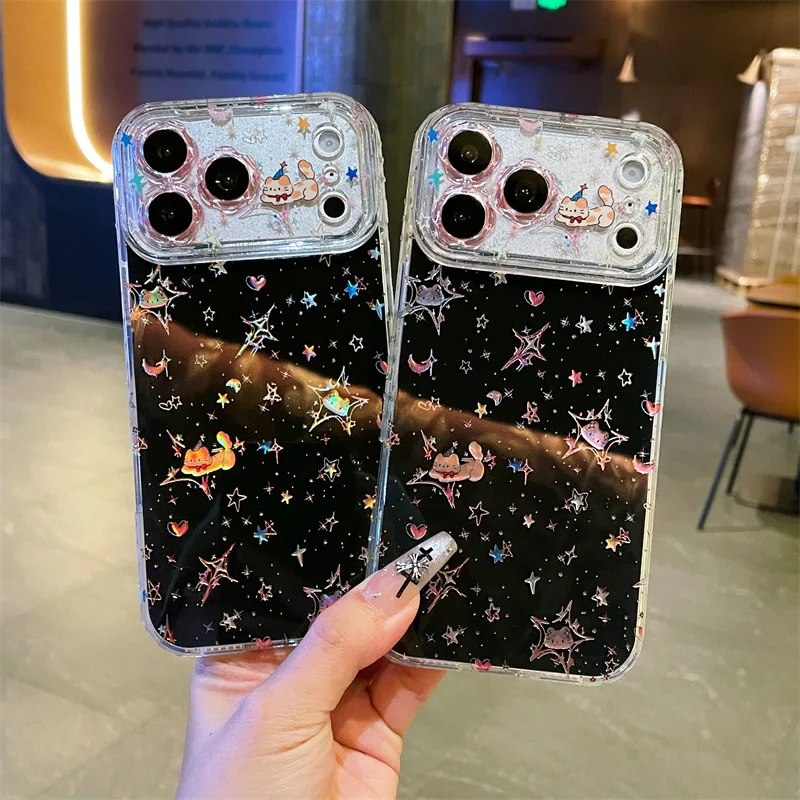 Luxuriöse Diamantrahmen-Sternen-Cartoon-Kätzchen-Muster Handyhülle für iPhone 17 16 15 13 14 Pro Max Transparente Stoßfeste Schutzhülle Image
