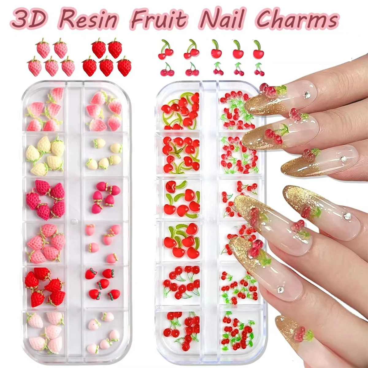 DIY Nagelkunst-Zubehör Dekorationen Maniküre-Werkzeug Simulierte Früchte 3D Niedliche Rosa Erdbeere Kirsche Gemischte Farben Nagel-Accessoires Image