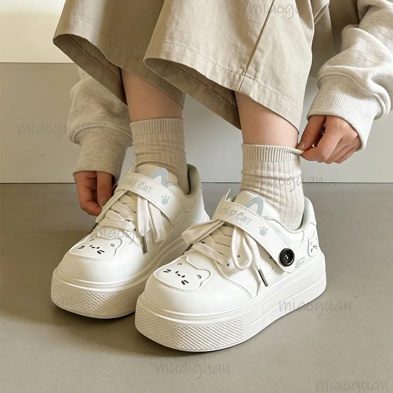 Damen Plateau-Sneaker mit süßem Katzenmuster, Kawaii Schnürschuhe mit klobiger Sohle, Freizeitschuhe für Frauen, Schule, Arbeit, Größe 40, Zapatos De Mujer