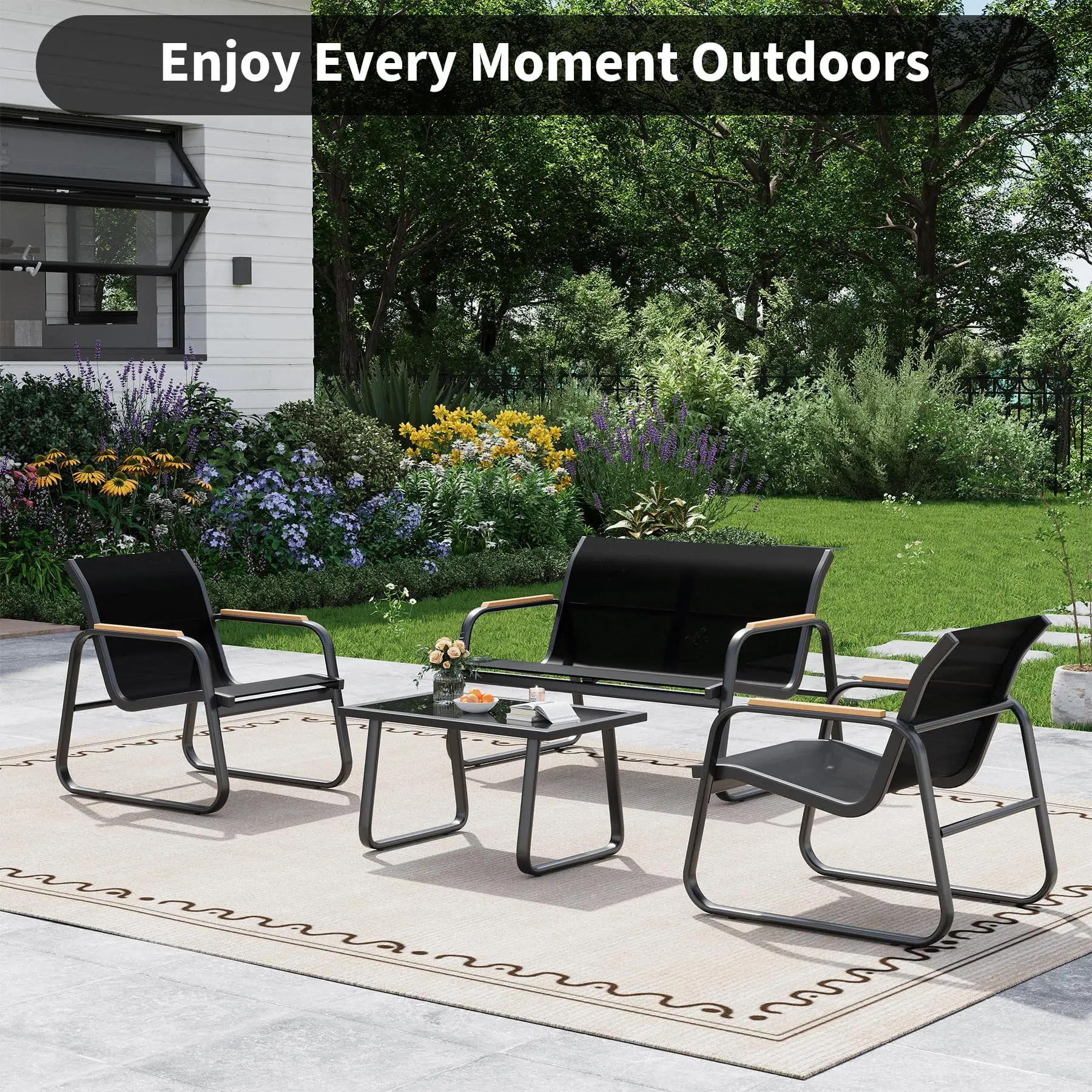 Gartenmöbel Set 4-TLG, Textilene Balkonmöbel Set mit Tisch, Sofa und 2 Stühlen, Stahl, Sitzgruppefür Garten, Balkon, Außen