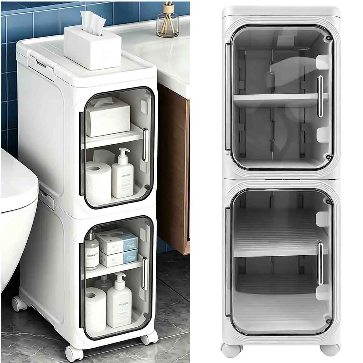 Badezimmer-Aufbewahrung, 2-stöckiger schmaler Badezimmerschrank mit Rollen und herausnehmbarem Regal, schlankes freistehendes Badezimmer-Aufbewahrungsregal für Toilettenpapier, Handtücher,