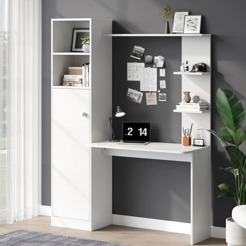 Schreibtisch, Bürotisch & Lerntisch, mit Schrank und Ablageregal, Modernes Bürodesign, 123,5 x 45 x 168,5 cm, Weiß