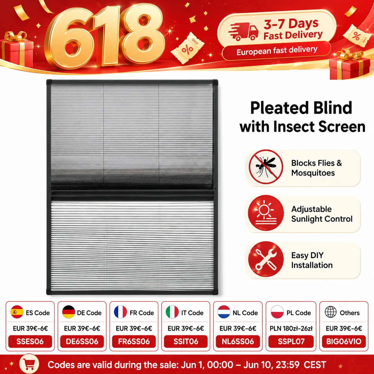 Plissee-Rollo für Fenster, Aluminium 80x120 cm, mit Rollverschluss für Sichtschutz und Sonnenschutz, Insektenschutzgitter gegen Fliegen, Mücken, Bienen, Wespen, Frischluftzufuhr, einfache Montage