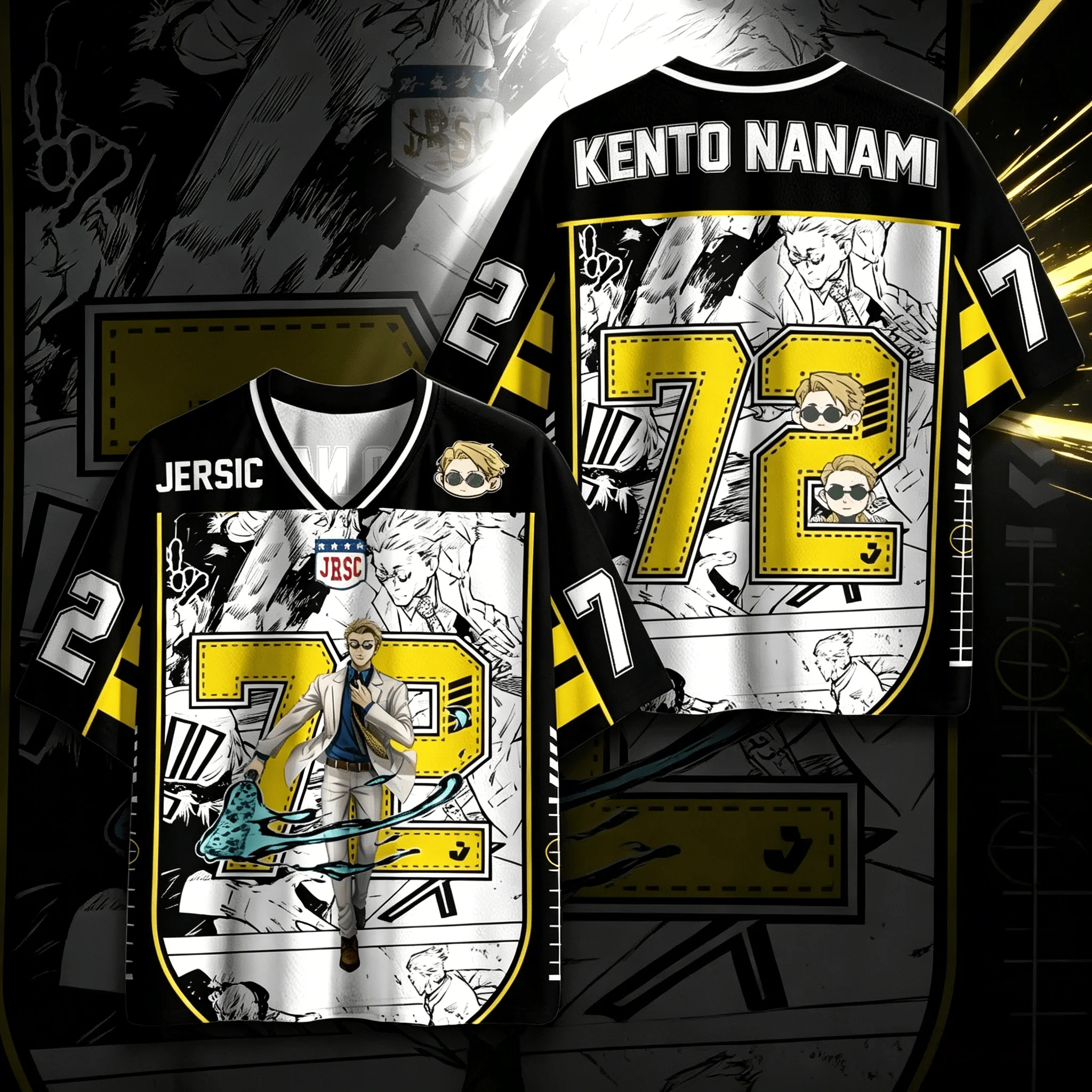 Unisex V-Ausschnitt Kento Nanami Anime T-Shirt, Schwarz-Gelb Nummer 72 Doppelseitiger Manga-Druck Locker Sitzende Hip-Hop Streetwear Tees