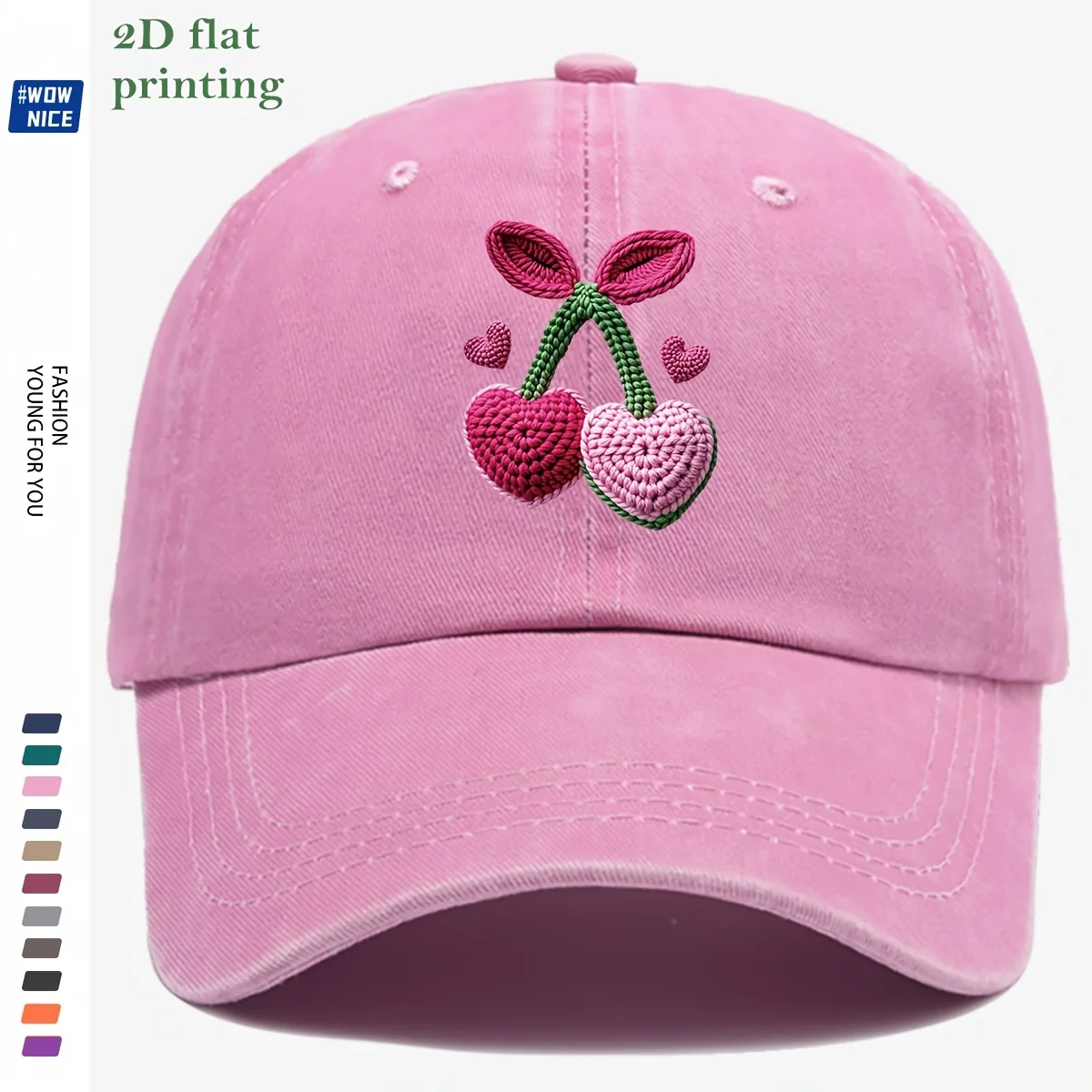1 Stück dreidimensionale, flache, aufbügelbare Kirsch-Baseballkappe, gehäkelte rosa-lila Herzkirschen mit grünen Blattranken, mit Akzenten im Witzstil Image
