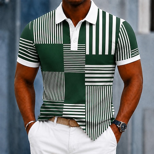 Herren Farbblock Geometrisch Poloshirts Kurzarm Polo-Shirts Hemden mit Kragen Business-Casual Athleisure 3D-Druck Knöpfe Atmungsaktives Gewebe Sommer Frühling Blau Purpur Grün Image