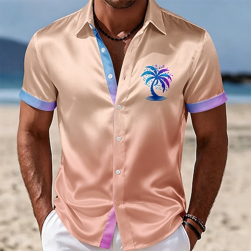 Herren Kokospalme Tropische Pflanzen Satinhemd Hawaiihemden Alohahemd Kurzarm Hawaiianisch Täglich Urlaub Sommer Frühling Umlegekragen Hemden mit Kragen 3D-Druck Hemden mit Knopfleiste Blau Rosa Image