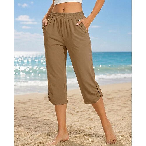 Damen Caprihose Vintage Lässig / Sportlich Wadenlang Mittlere Taille Einfach Komfort normale Elastizität Urlaub Blau Weinrot Violett Khaki Sommer Frühling Image