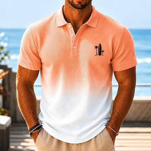 Herren Farbverlauf Waffel-Poloshirts Kurzarm Polo-Shirts Hemden mit Kragen Lässig Resort Party-Abendmode Alltagskleidung 3D-Druck Knöpfe Atmungsaktives Gewebe Frühling Sommer Blau Orange Braun Image
