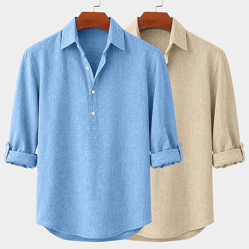 Herren Leinenhemd Popover-Hemd Sommerhemd Knopfhemd Einfach Lässig Täglich Grün grau Weiß Grün Weiß Khaki BlauKhaki Langarm Hemdkragen Frühling Sommer Sommer Bekleidung Image