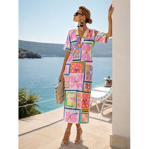 Damen Midikleid Hemdblusenkleid Sommerkleid Vintage-Kleid Abendkleid Elegant Urlaub Vintage Ellbogenärmel Heim Arbeit Strand Normale Passform Grafik Abstrakt Kurzarm V Ausschnitt Weiß Rosa Grün Image