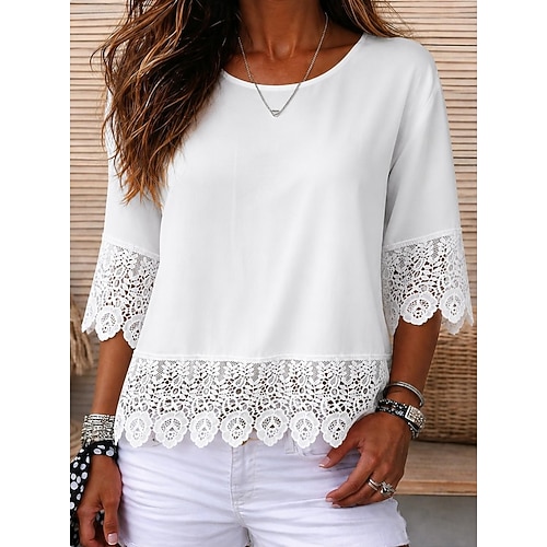 Damen Hemd Spitzenbesatz Einfarbig Elegant Bohemien Urlaub Rundhalsausschnitt Lange Oberteile Lässig Täglich Ferien Weiß Sommer Frühling Image