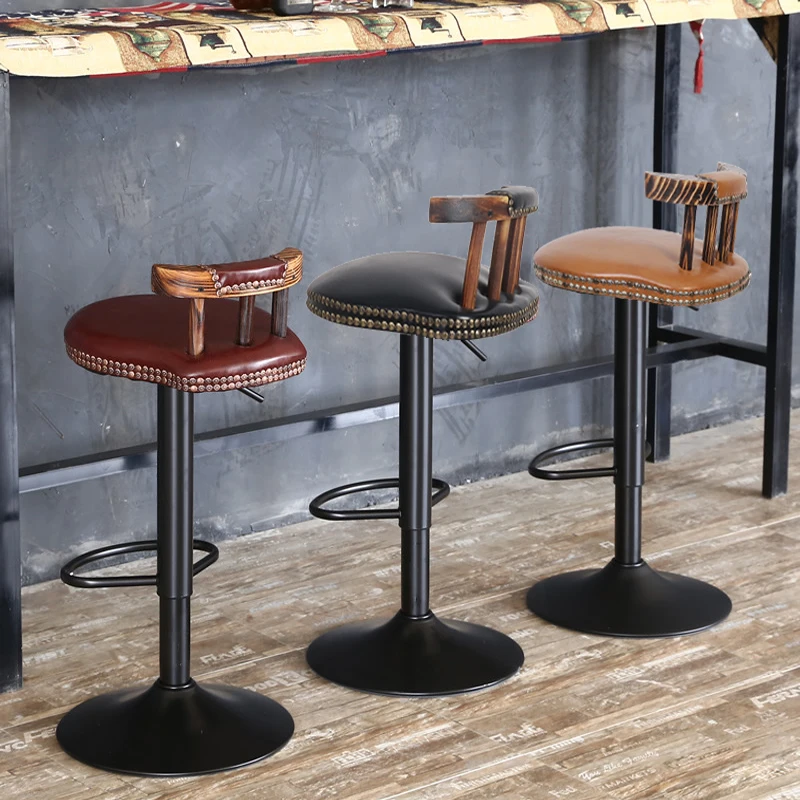 2x industrielle Leder Barhocker 360 ° drehbare verstellbare Küche Frühstück Pub Stühle Vintage Holz Rückenlehne Image