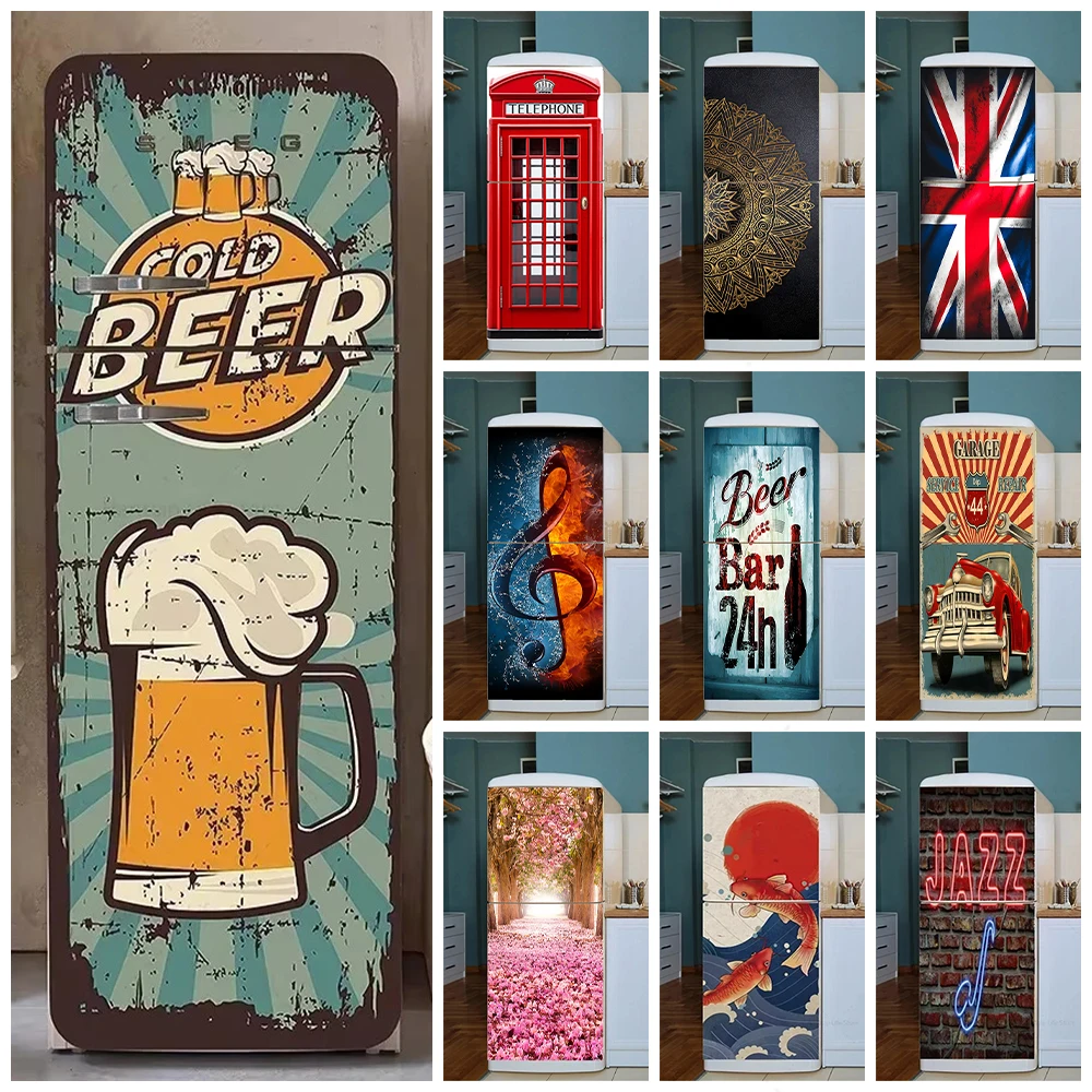 Retro Bier Poster Kühlschrank Aufkleber Tapete Küche Wasserdichte Telefonzelle Design Kühlschrank Tür Vinyl Wrap Wandtattoos