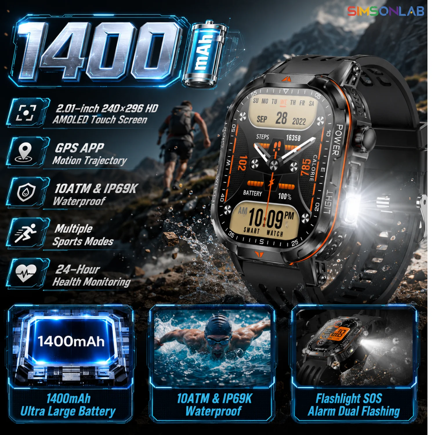 2026 Neue Smartwatch mit 1400mAh Super-Großakku, Outdoor-GPS, BT-Anruf, 2,01