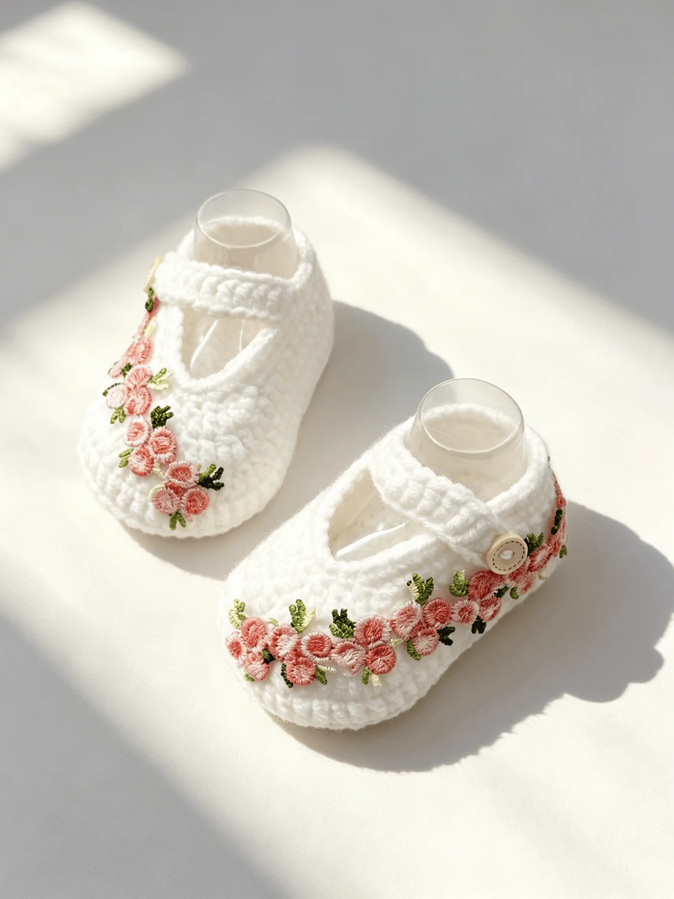 1 Paar weiße gehäkelte Babyschuhe für Mädchen mit rosa Blumenstickerei, Mary-Jane-Stil, Knopfverschluss