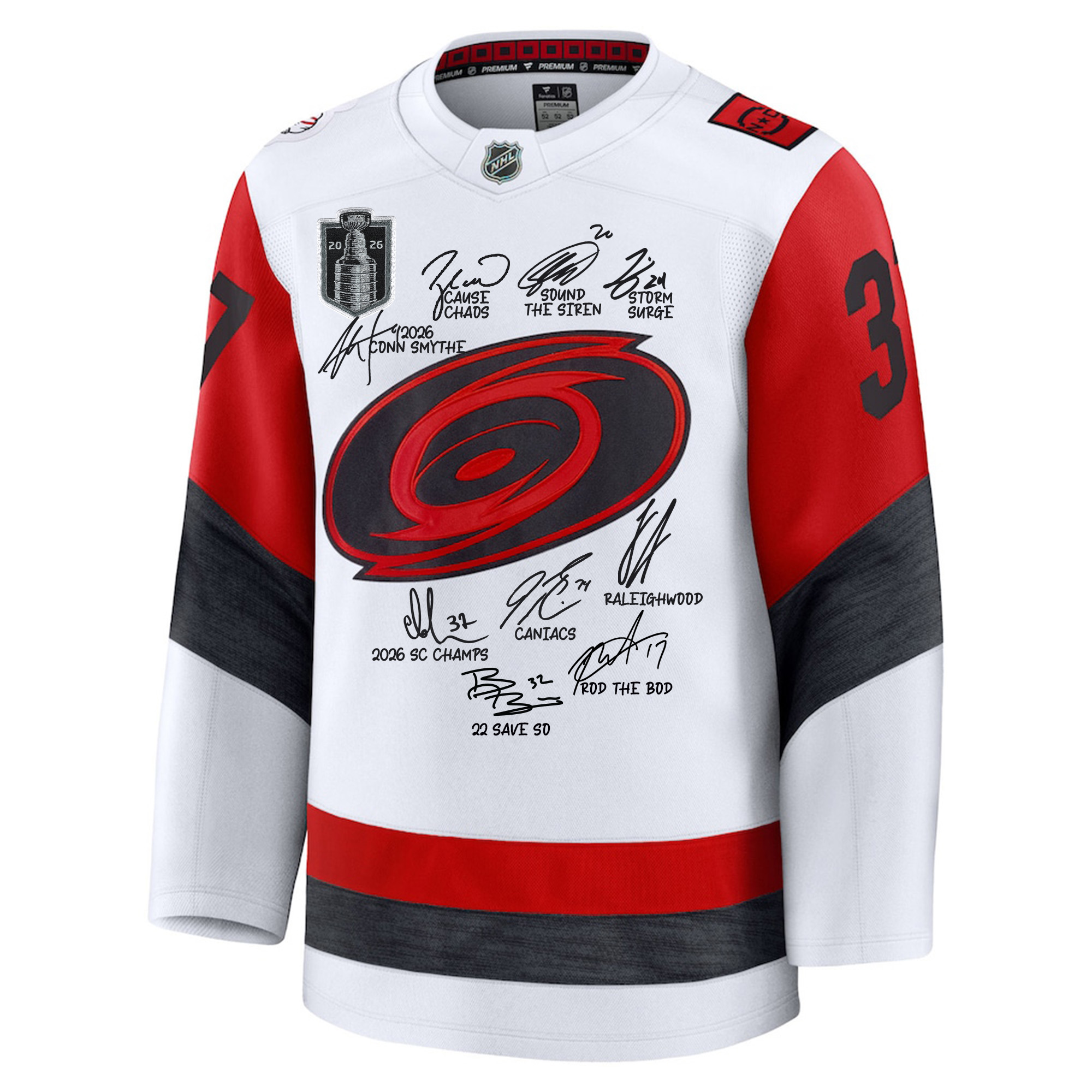 "Signiertes weißes Fanatics Premium-Trikot der Carolina Hurricanes, Stanley-Cup-Sieger 2026, mit mehreren Unterschriften und Inschriften – Limitierte Auflage von 50 Stück" Image