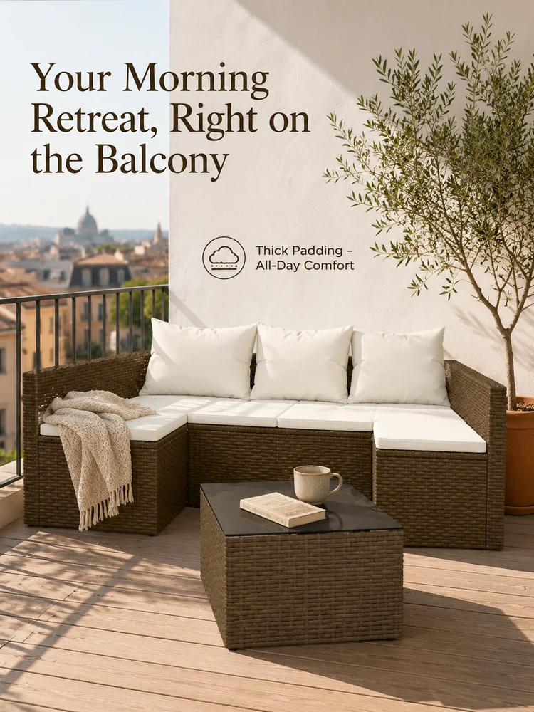 2-teiliges Garten-Lounge-Set mit Kissen, braune Polyrattan-Gartenmöbel, Terrassensofa mit Tisch, wetterbeständig für Balkon, Garten