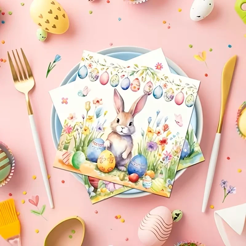 20 Stück Osterservietten mit niedlichen Huhn- und Kaninchen-Designs, bunten Eiern, Blumen und Frühlingsmustern, geeignet für Ostern Image