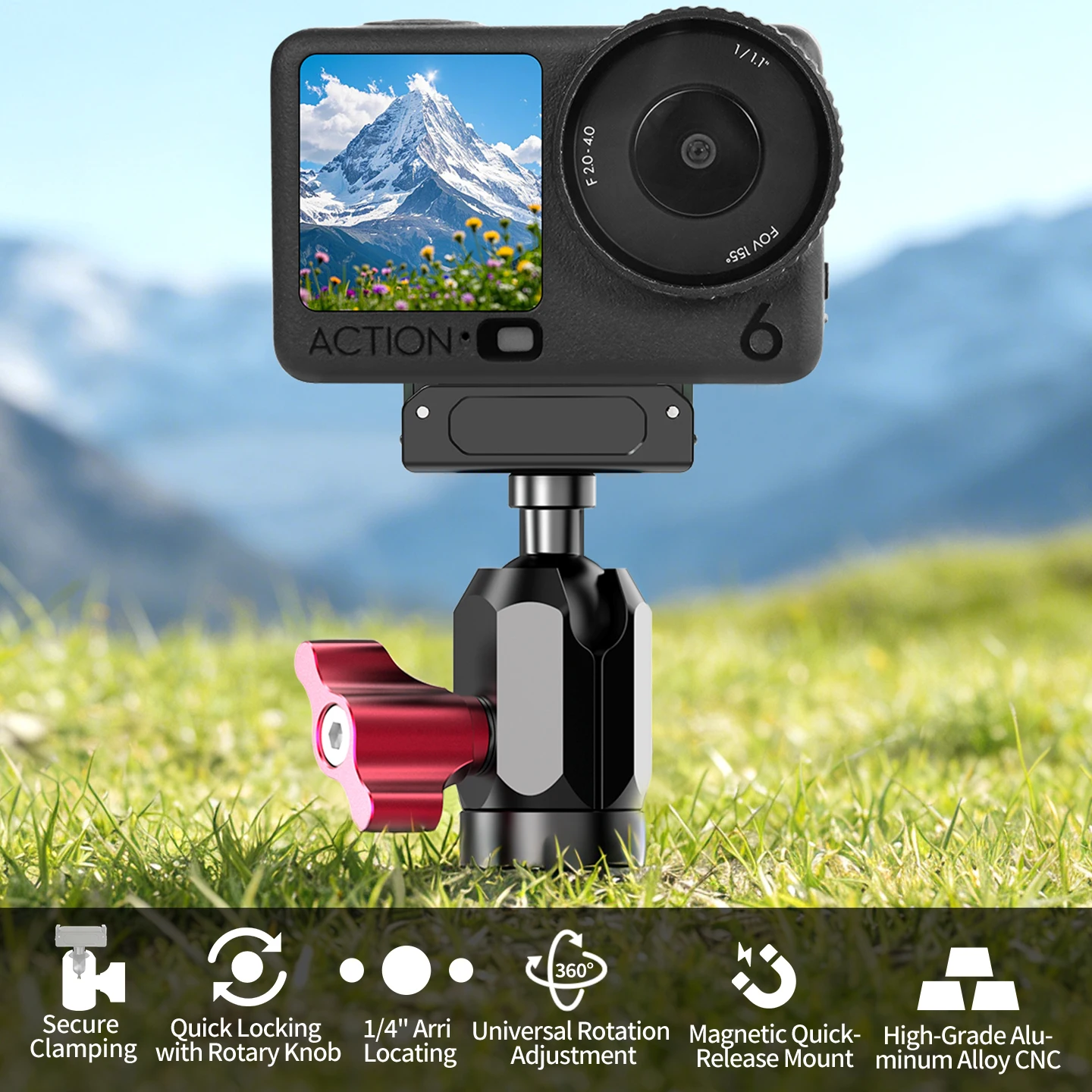 Für DJI Action 6 Osmo Nano Kamera Magnetische Schnellverschluss 360° Verstellbare Kugelkopfhalterung 1/4 Motorrad Fahrrad Halterung Image