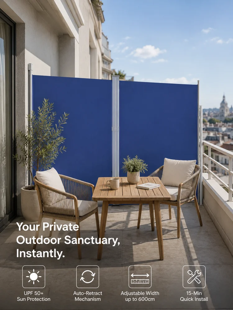 Einziehbare Seitenmarkise Sonnenschutz 180x600 cm, UV-Beständiger und Reißfester Stoff, für Garten Terrasse Balkon Sichtschutz, Blau Image