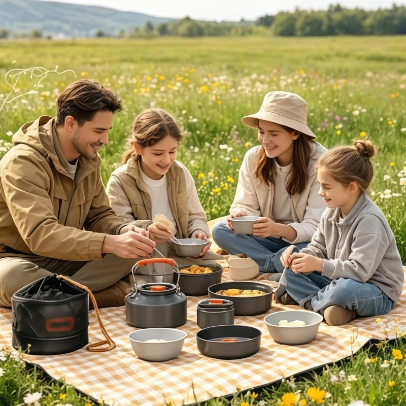 Ultraleichtes Aluminium-Camping-Kochgeschirr 10-teiliges Topf- und Kessel-Set mit Tragbarer Aufbewahrungstasche für Outdoor-Wandern, Rucksackreisen und Picknick Image