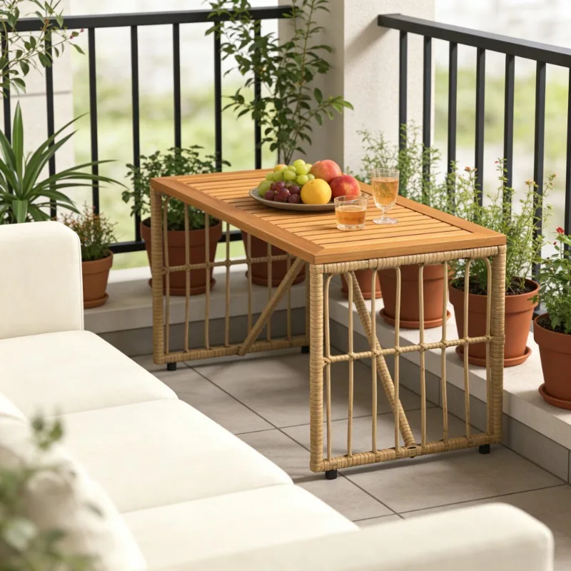 Gartentisch, Campingtisch, Naturdesign, 80x40x40 cm, Stahl und Polyrattan, Kompakt, Robust, für Terrasse, Balkon, Deck, Picknick, Garten, Platzsparend, Leicht zu Reinigen