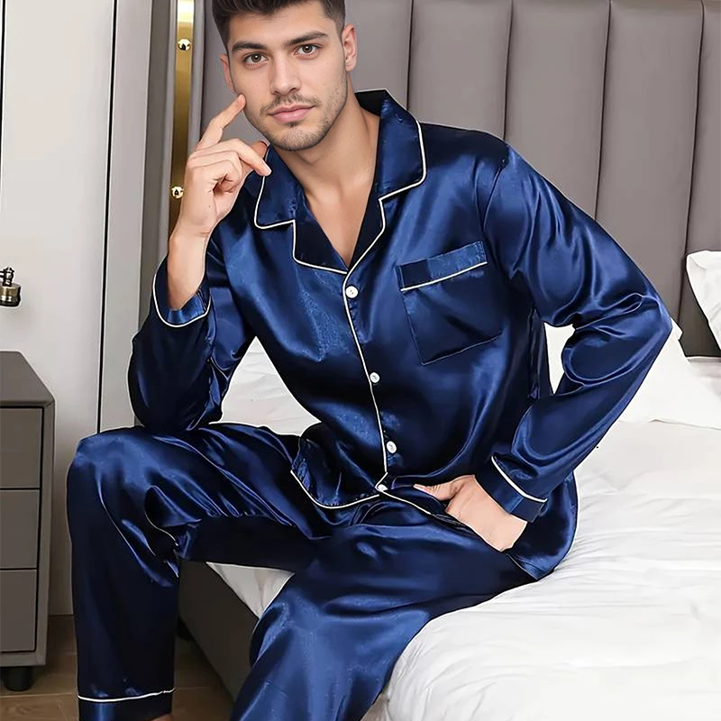 2026 Herren-Pyjama-Set aus Satin für Herren, langärmeliges Button-Down-Oberteil mit langen Schlafhosen, Pyjama, Sommer-Nachtwäsche, Loungewear-Pjs Image