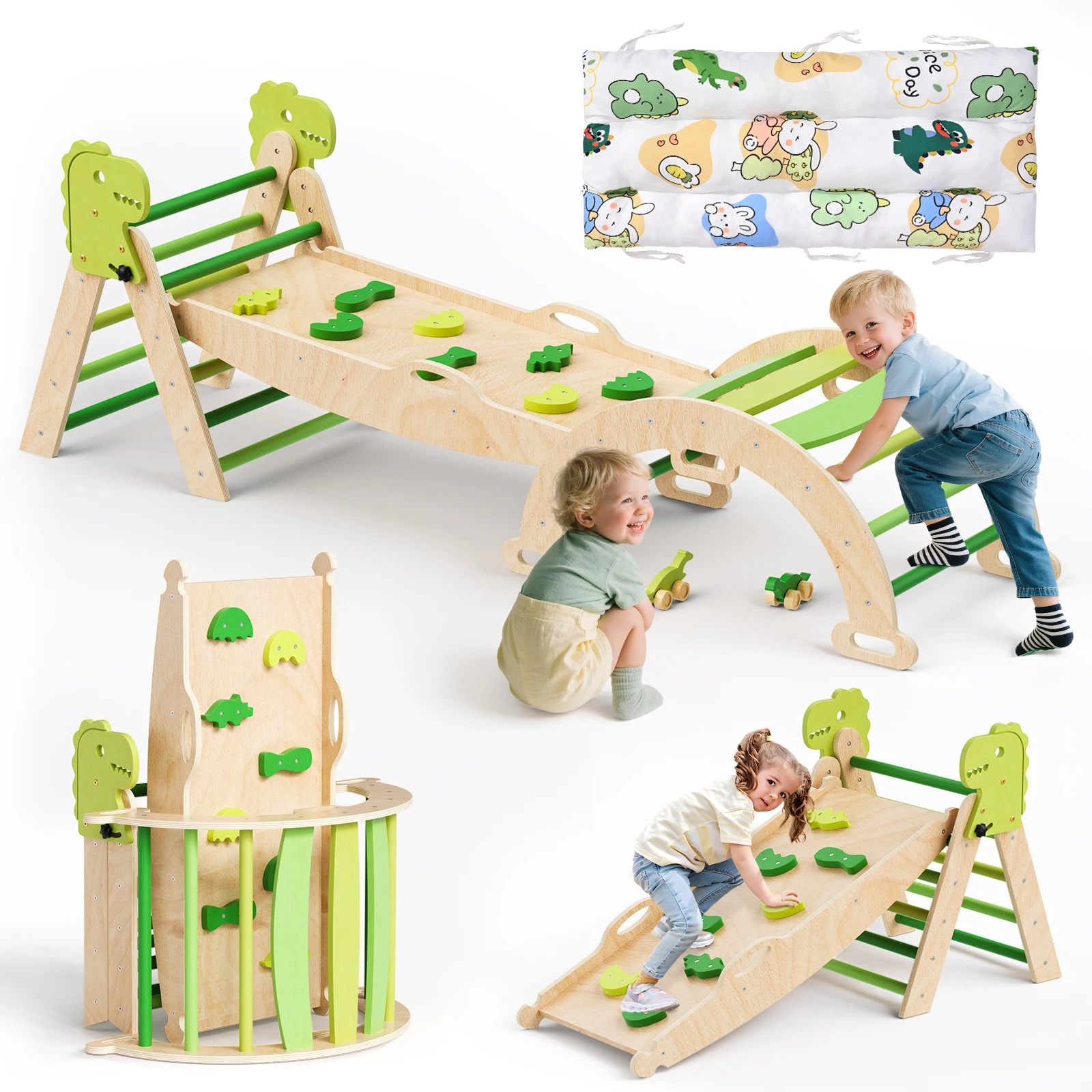 Dino Dreieck-Klettergerüst aus Holz mit Kissen Montessori-Spielzeug für Drinnen/Draußen Kleinkinder-Spielplatz Dschungel-Gym Weihnachtsgeschenk Image