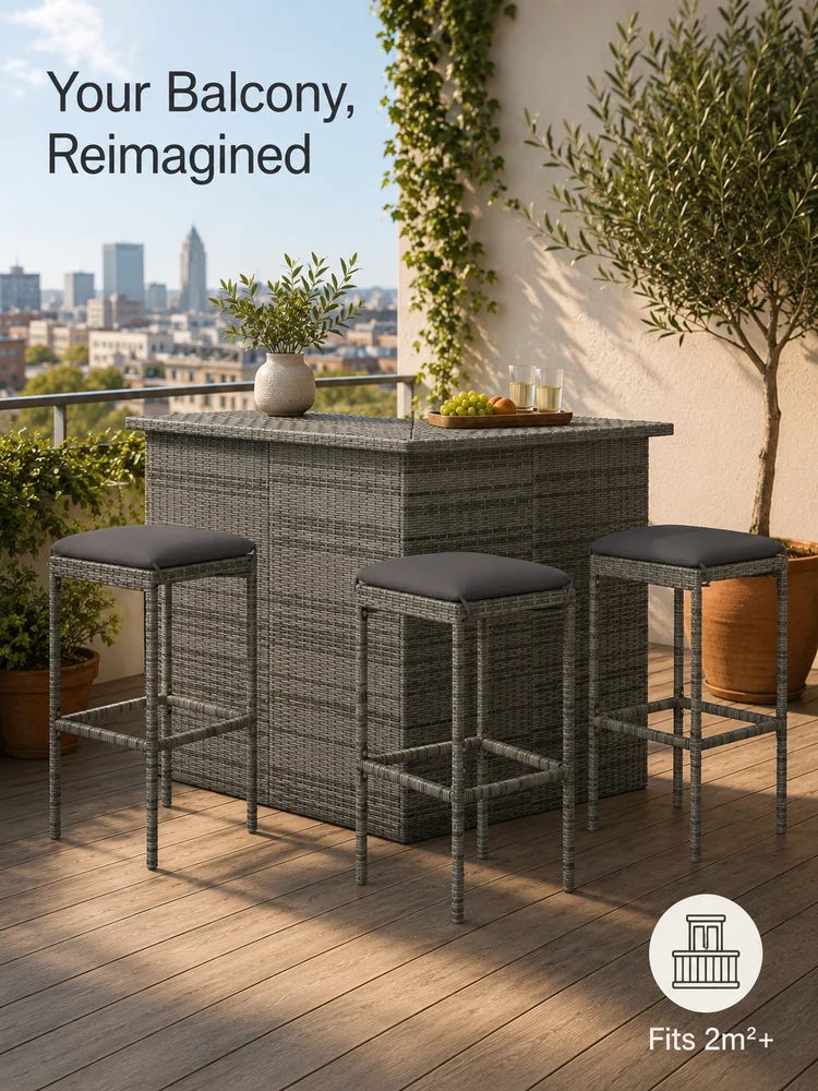 4-teiliges Garten-Bar-Set mit Kissen, grauer PE-Rattan-Bartisch und -Hocker für den Außenbereich, wetterbeständiges Polyrattan für Balkon, Garten, Terrasse